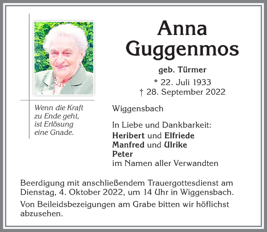 Traueranzeige von Anna Guggenmos von Allgäuer Zeitung,Kempten