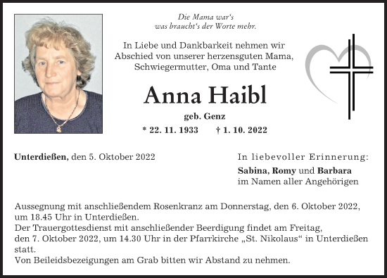 Traueranzeige von Anna Haibl von Augsburger Allgemeine, Landsberger Tagblatt