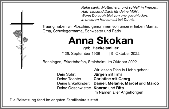 Traueranzeige von Anna Skokan von Memminger Zeitung
