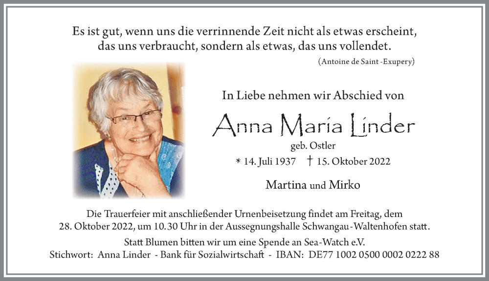  Traueranzeige für Anna Maria Linder vom 22.10.2022 aus Allgäuer Zeitung, Füssen