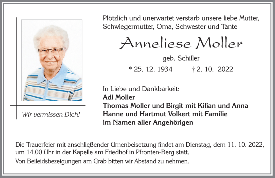 Traueranzeige von Anneliese Moller von Allgäuer Zeitung, Füssen