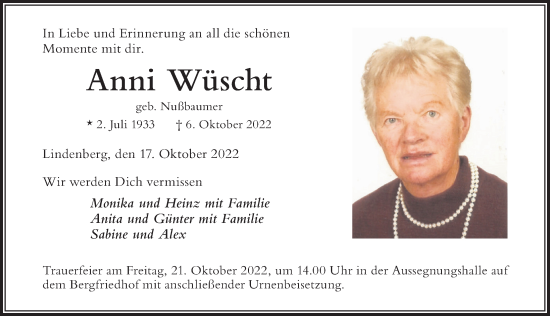 Traueranzeige von Anni Wüscht von Der Westallgäuer