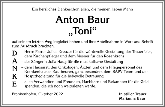 Traueranzeige von Anton Baur von Allgäuer Zeitung, Kaufbeuren/Buchloe