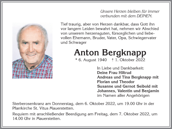 Traueranzeige von Anton Bergknapp von Allgäuer Zeitung, Kaufbeuren/Buchloe
