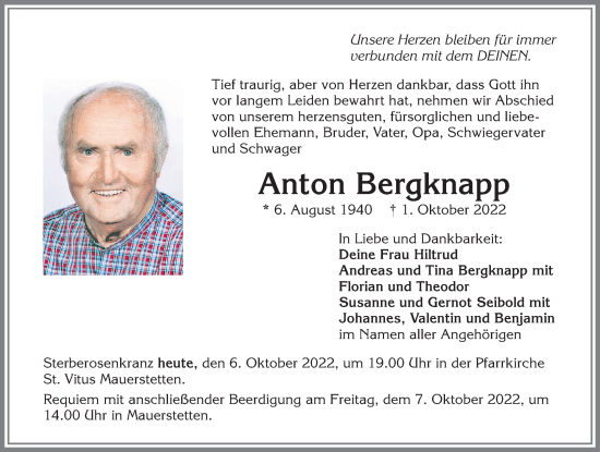 Traueranzeige von Anton Bergknapp von Allgäuer Zeitung, Kaufbeuren/Buchloe