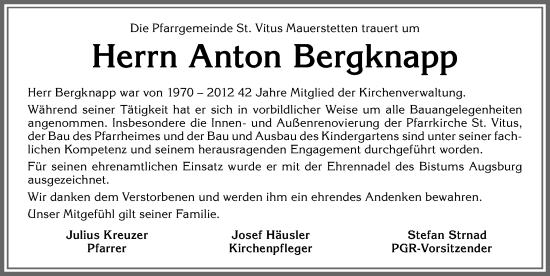 Traueranzeige von Anton Bergknapp von Allgäuer Zeitung, Kaufbeuren/Buchloe