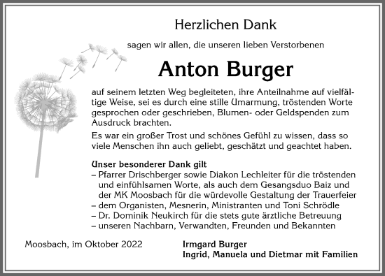Traueranzeige von Anton Burger von Allgäuer Anzeigeblatt