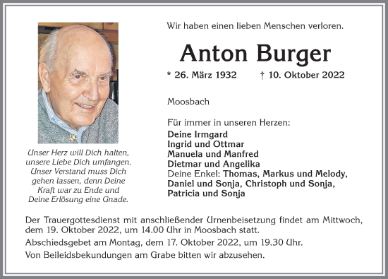 Traueranzeige von Anton Burger von Allgäuer Anzeigeblatt
