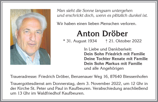 Traueranzeige von Anton Dröber von Allgäuer Zeitung, Marktoberdorf