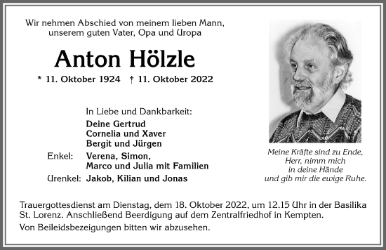 Traueranzeige von Anton Hölzle von Allgäuer Zeitung,Kempten