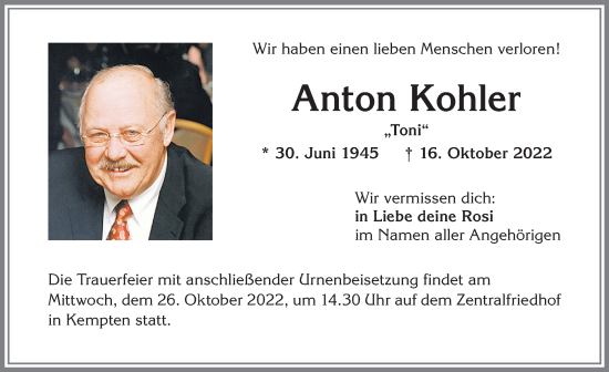Traueranzeige von Anton Kohler von Allgäuer Zeitung,Kempten