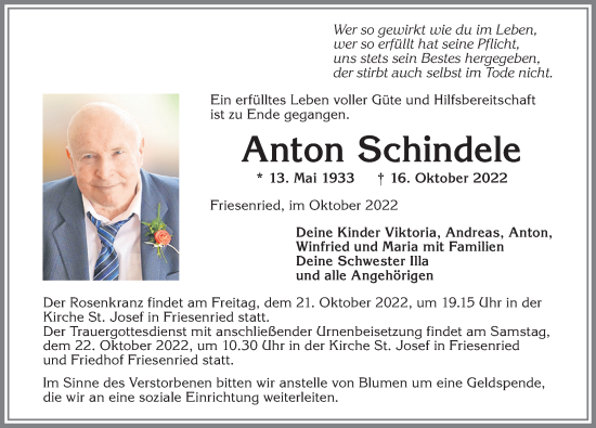 Traueranzeige von Anton Schindele von Allgäuer Zeitung, Marktoberdorf