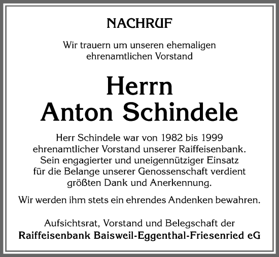Traueranzeige von Anton Schindele von Allgäuer Zeitung, Kaufbeuren/Buchloe