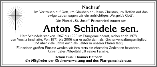 Traueranzeige von Anton Schindele von Allgäuer Zeitung, Kaufbeuren/Buchloe