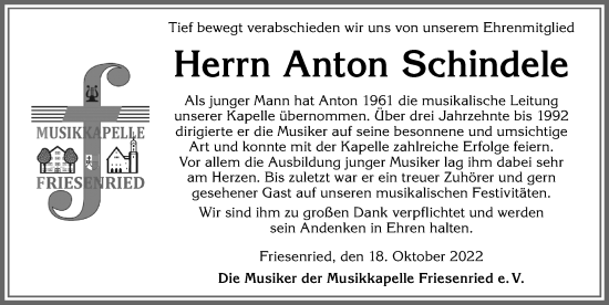 Traueranzeige von Anton Schindele von Allgäuer Zeitung, Marktoberdorf