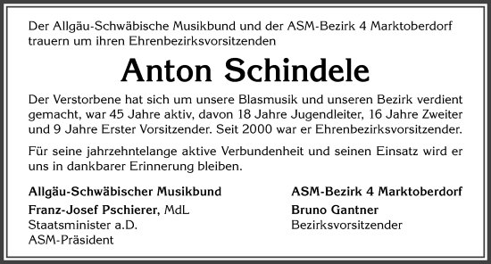 Traueranzeige von Anton Schindele von Allgäuer Zeitung, Marktoberdorf