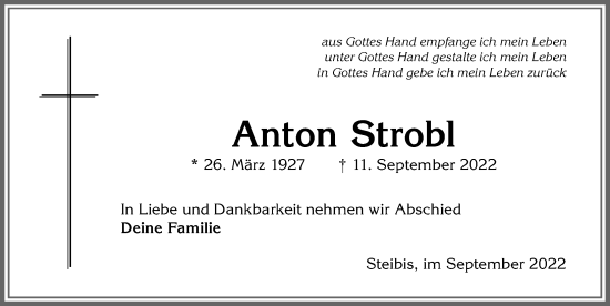 Traueranzeige von Anton Strobl von Allgäuer Anzeigeblatt