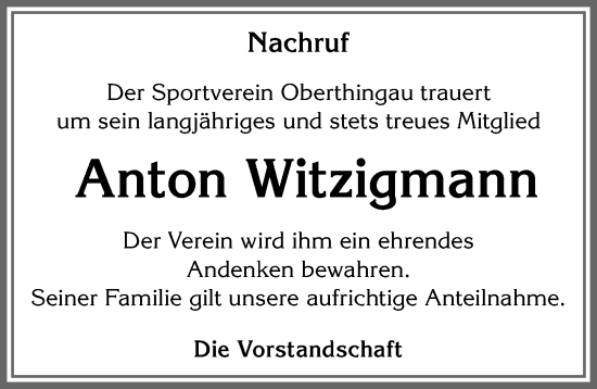 Traueranzeige von Anton Witzigmann von Allgäuer Zeitung, Marktoberdorf