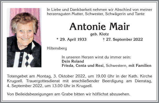 Traueranzeige von Antonie Mair von Allgäuer Zeitung,Kempten
