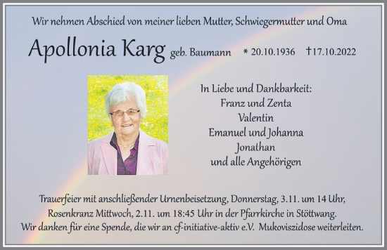 Traueranzeige von Apollonia Karg von Allgäuer Zeitung, Kaufbeuren/Buchloe