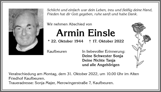 Traueranzeige von Armin Einsle von Allgäuer Zeitung, Kaufbeuren/Buchloe