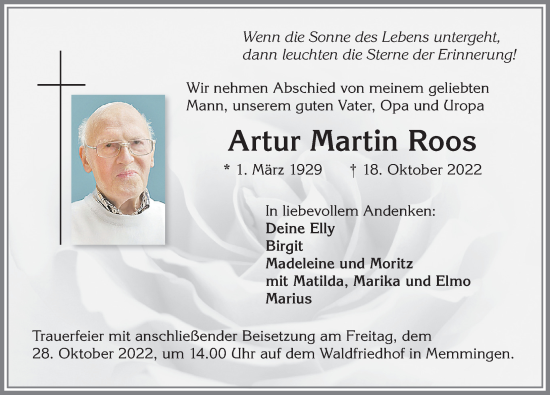 Traueranzeige von Artur Martin Roos von Memminger Zeitung