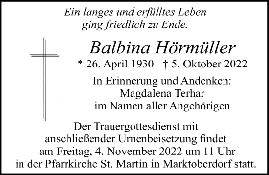 Traueranzeige von Balbina Hörmüller von Allgäuer Zeitung, Marktoberdorf