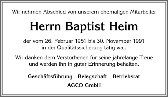 Traueranzeige von Baptist Heim von Allgäuer Zeitung, Marktoberdorf