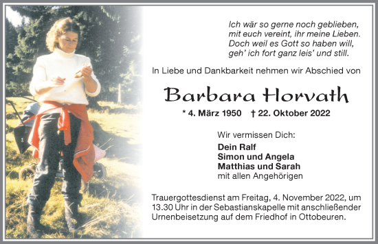 Traueranzeige von Barbara Horvath von Memminger Zeitung