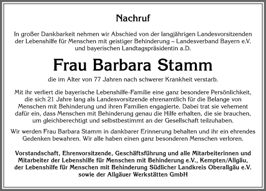 Traueranzeige von Barbara Stamm von Allgäuer Anzeigeblatt