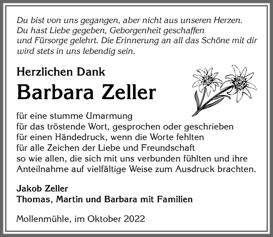 Traueranzeige von Barbara Zeller von Allgäuer Zeitung, Marktoberdorf