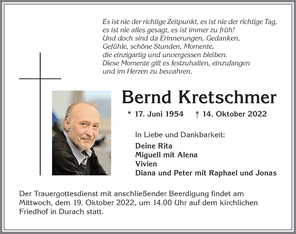  Traueranzeige für Bernd Kretschmer vom 15.10.2022 aus Allgäuer Zeitung,Kempten