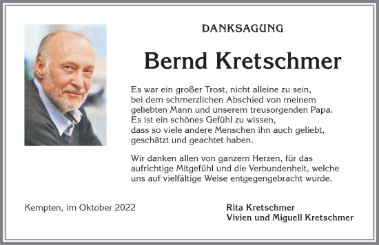 Traueranzeige von Bernd Kretschmer von Allgäuer Zeitung,Kempten