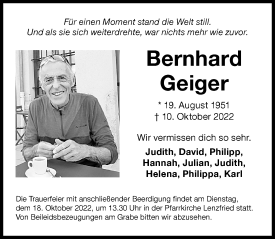 Traueranzeige von Bernhard Geiger von Allgäuer Zeitung,Kempten