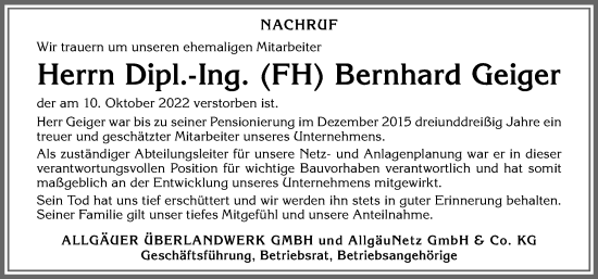 Traueranzeige von Bernhard Geiger von Allgäuer Zeitung,Kempten