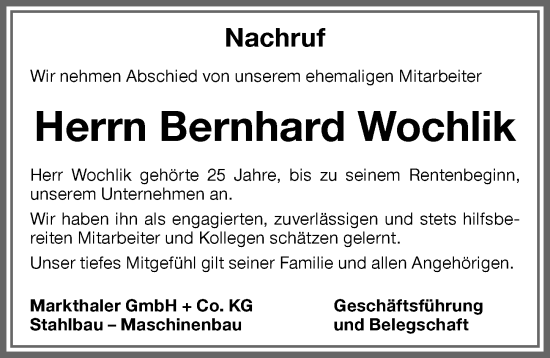Traueranzeige von Bernhard Wochlik von Allgäuer Zeitung, Kaufbeuren/Buchloe