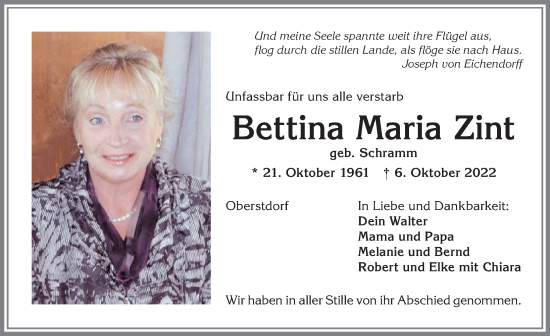 Traueranzeige von Bettina Maria Zint von Allgäuer Anzeigeblatt