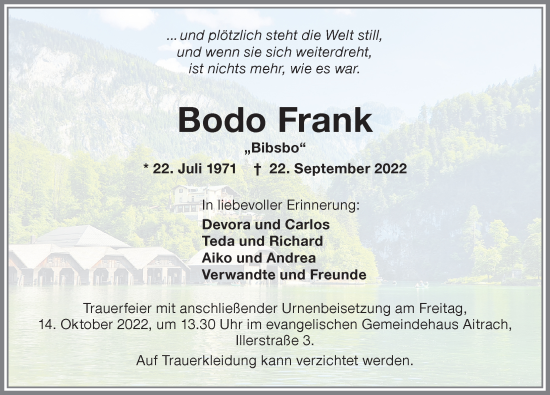 Traueranzeige von Bodo Frank von Memminger Zeitung
