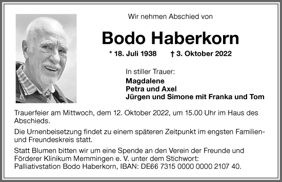Traueranzeige von Bodo Haberkorn von Memminger Zeitung