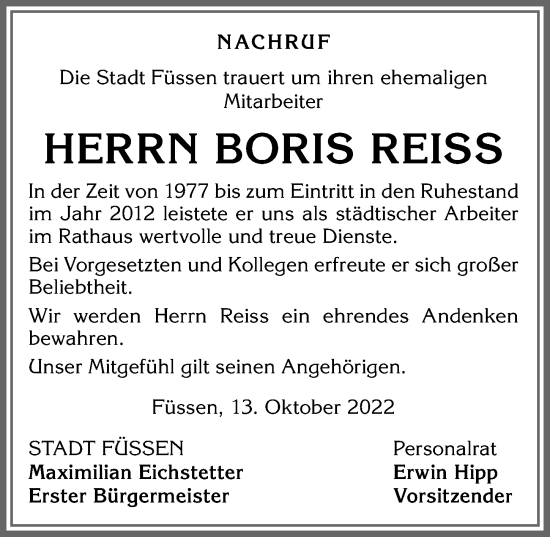 Traueranzeige von Boris Reiss von Allgäuer Zeitung, Füssen