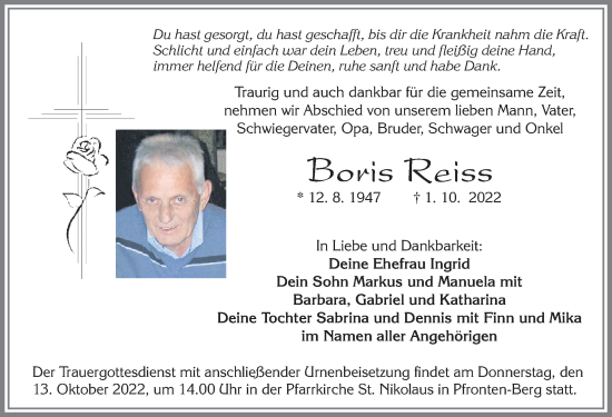 Traueranzeige von Boris Reiss von Allgäuer Zeitung, Füssen