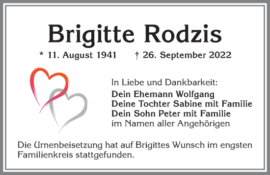 Traueranzeige von Brigitte Rodzis von Allgäuer Zeitung, Kaufbeuren/Buchloe