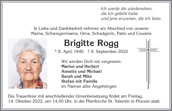 Traueranzeige von Brigitte Rogg von Allgäuer Zeitung, Kaufbeuren/Buchloe