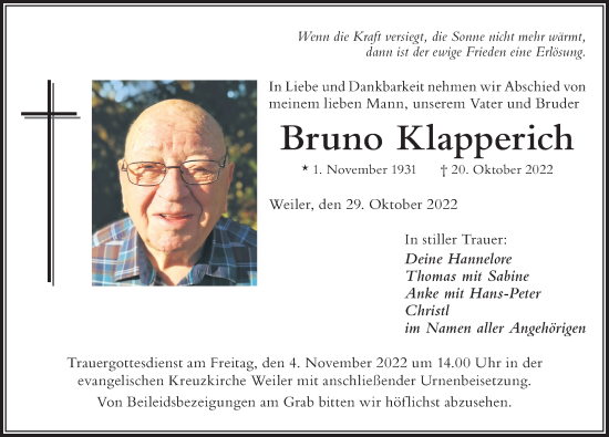 Traueranzeige von Bruno Klapperich von Der Westallgäuer