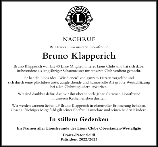 Traueranzeige von Bruno Klapperich von Der Westallgäuer