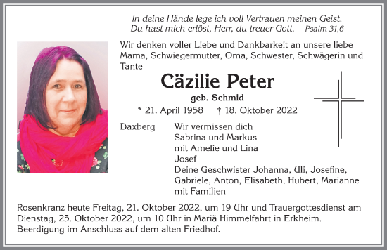 Traueranzeige von Cäzilie Peter von Memminger Zeitung