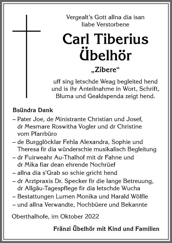 Traueranzeige von Carl Tiberius Übelhör von Allgäuer Anzeigeblatt