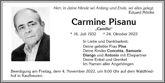 Traueranzeige von Carmine Pisanu von Allgäuer Zeitung, Kaufbeuren/Buchloe
