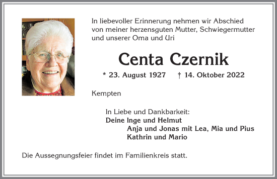 Traueranzeige von Centa Czernik von Allgäuer Zeitung,Kempten