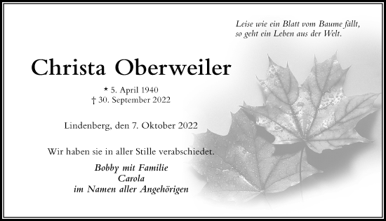 Traueranzeige von Christa Oberweiler von Der Westallgäuer